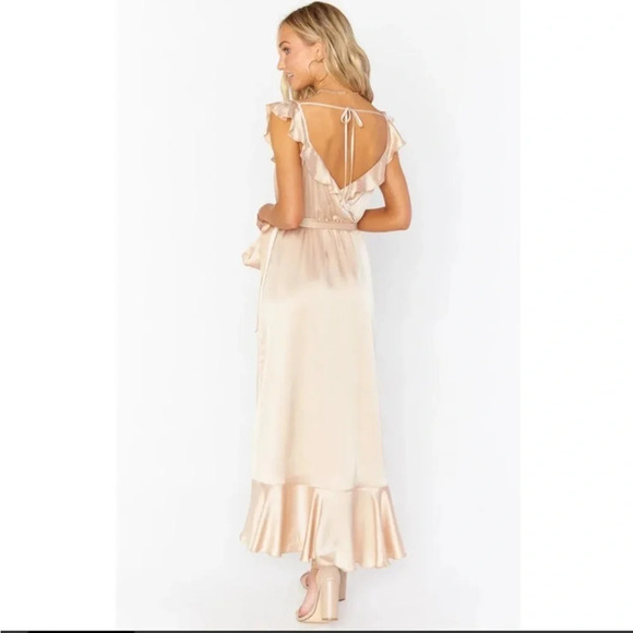 Show Me Your Mumu Samantha Ruffle Wrap Style Satin Dress Champagne Gold Sz XS - Picture 13 of 13